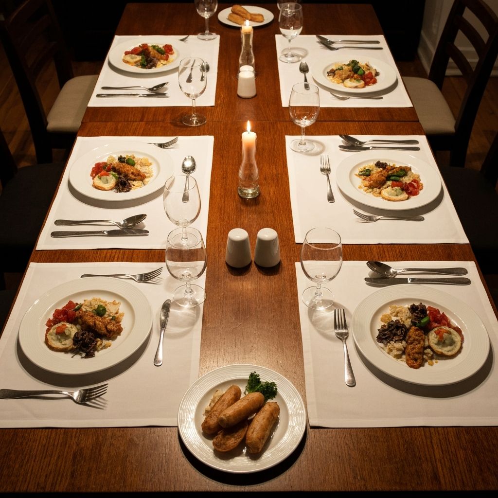 Group of place settings with similar food portions
