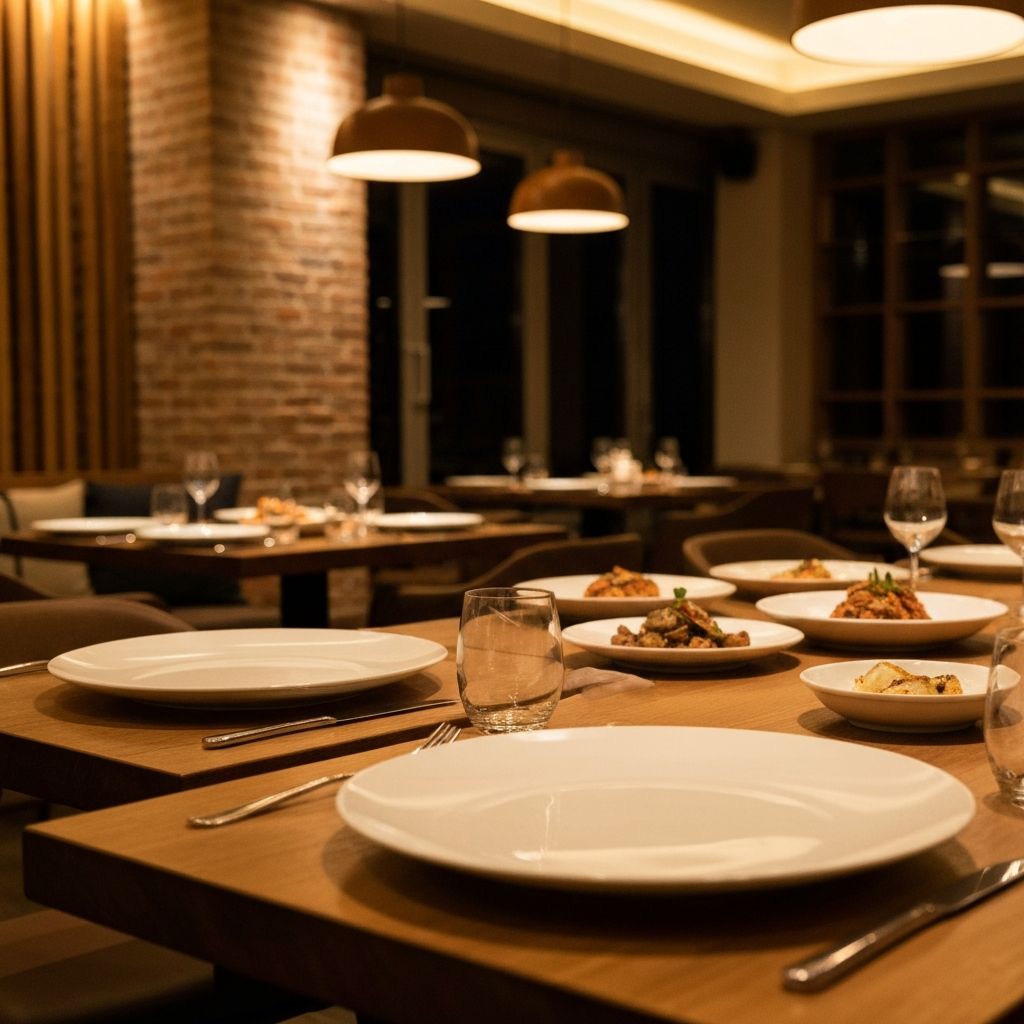 Restaurant dining room with visible table settings
