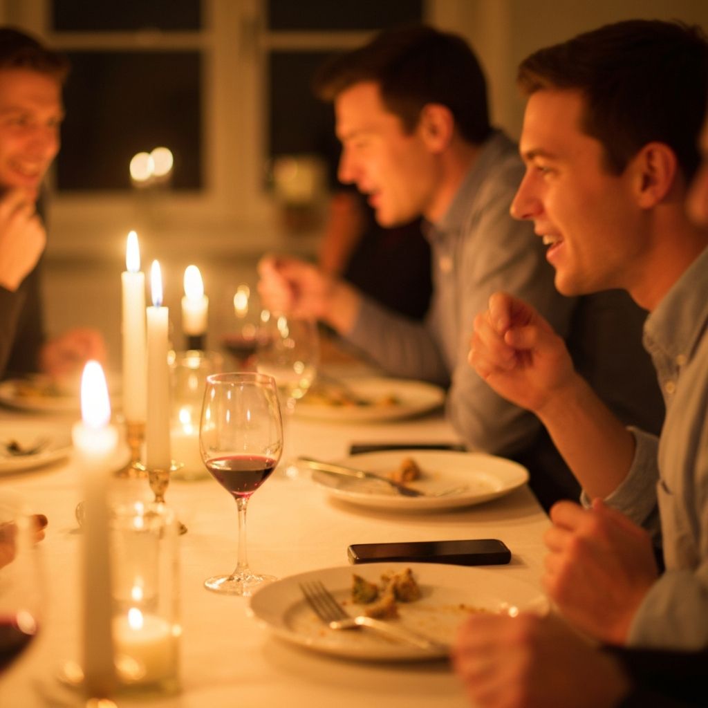 Softly blurred dinner table with conversation happening