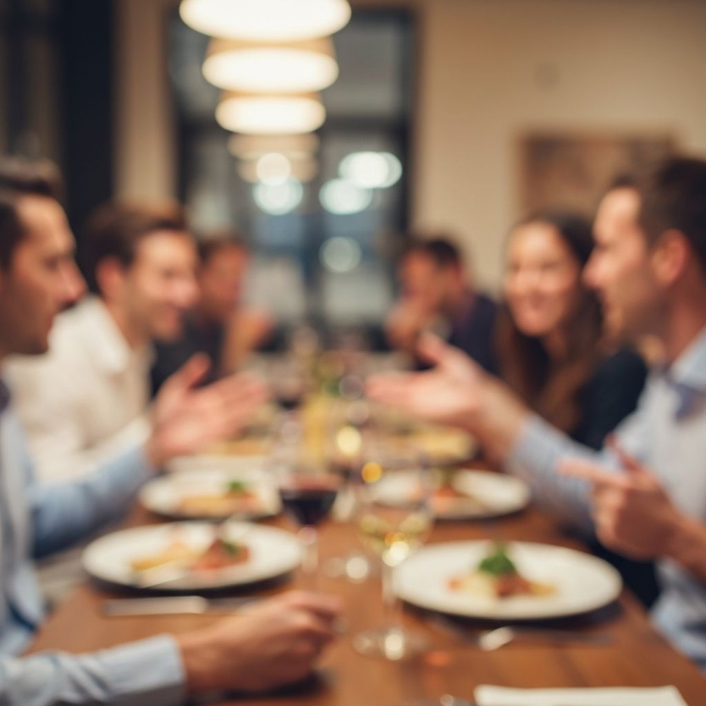 Blurred background of group in animated conversation around dining table